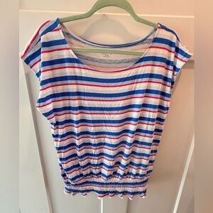 LOFT Outlet Striped Smocked Waist Top Small Red White Blue Summer